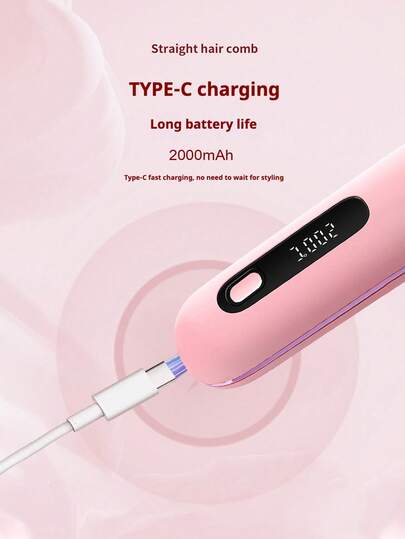 PinkSings فرشاة تمليس الشعر اللاسلكية مع شاشة LCD، درجة حرارة قابلة للتعديل، مكواة شعر صغيرة محمولة، ضروريات السفر، فرشاة ساخنة سالبة الأيونات، أداة تصفيف شعر للنساء، مقاومة للحروق، طبقة سيراميك
