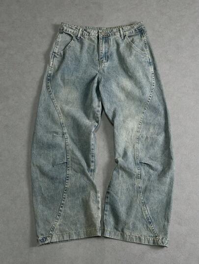 Manfinity ZONE917 بنطال جينز رجالي بارتخاء وجيوب وساق واسعة متعددة الاستخدامات
