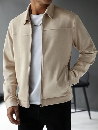 Manfinity CasualCool معطف كاجوال للرجال بسحاب وأكمام طويلة ذو لون أحادي للخريف والشتاء