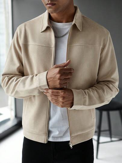 Manfinity CasualCool معطف كاجوال للرجال بسحاب وأكمام طويلة ذو لون أحادي للخريف والشتاء