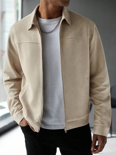 Manfinity CasualCool معطف كاجوال للرجال بسحاب وأكمام طويلة ذو لون أحادي للخريف والشتاء