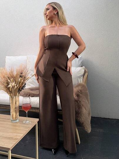 Jeta Ari مجموعة أزياء للنساء من ملابس علوية كامي بتصميم غير متماثل وبنطلون، مجموعة لونية صلبة بقطعتين باللون البني. جمبسوت نسائية بدون أحزمة للنساء، جمبسوت بنطلون بدلة صيفية مكونة من قطعتين للخريف/الشتاء