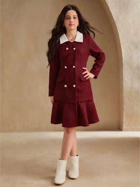 SHEIN معطف أنيق من خليط الصوف مع أكمام طويلة وياقة مزدوجة الصدر وكشكشة على الذيل للفتيات المراهقات