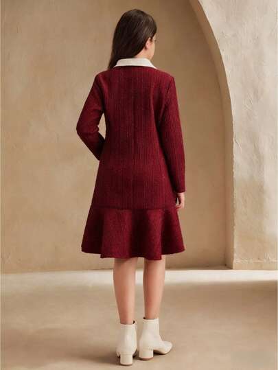 SHEIN معطف أنيق من خليط الصوف مع أكمام طويلة وياقة مزدوجة الصدر وكشكشة على الذيل للفتيات المراهقات
