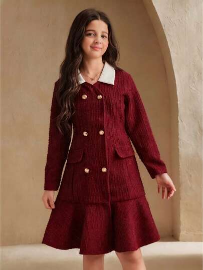 SHEIN معطف أنيق من خليط الصوف مع أكمام طويلة وياقة مزدوجة الصدر وكشكشة على الذيل للفتيات المراهقات