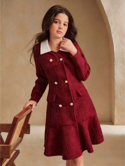 SHEIN معطف أنيق من خليط الصوف مع أكمام طويلة وياقة مزدوجة الصدر وكشكشة على الذيل للفتيات المراهقات