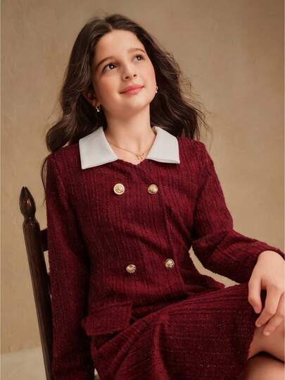 SHEIN معطف أنيق من خليط الصوف مع أكمام طويلة وياقة مزدوجة الصدر وكشكشة على الذيل للفتيات المراهقات