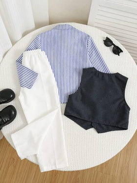 SHEIN 3 قطع طقم ملابس شبابي رسمي - سترة, بنطال طويل, قميص ربطة عنق, مناسب لحفلات عيد الميلاد, الحفلات الليلية, المناسبات المسائية, الحفلات, حفلات الزفاف, حفلات استقبال المولود, المعمودية