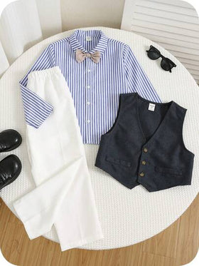 SHEIN 3 قطع طقم ملابس شبابي رسمي - سترة, بنطال طويل, قميص ربطة عنق, مناسب لحفلات عيد الميلاد, الحفلات الليلية, المناسبات المسائية, الحفلات, حفلات الزفاف, حفلات استقبال المولود, المعمودية