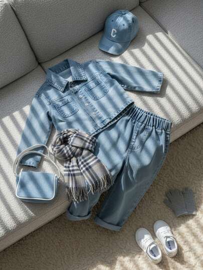 SHEIN قميص جينز كاجوال مغسول للأطفال الصبيان، خريف