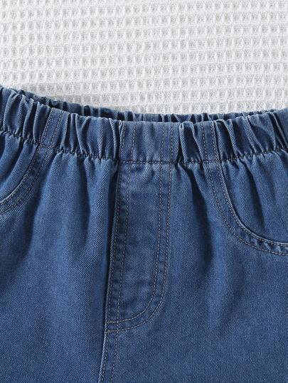 مجموعة قميص وشورت جينز كاجوال للفتيات الصغيرات، 2 قطعة، صيفي