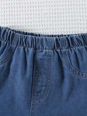 مجموعة قميص وشورت جينز كاجوال للفتيات الصغيرات، 2 قطعة، صيفي