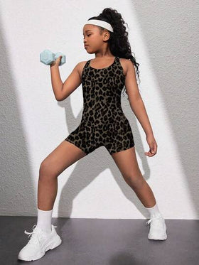 SHEIN ملابس نشطة مريحة للفتيات المراهقات، بتصميم ملائم وبسيط، ذات ياقة عالية ظهر مكشوف، بطبعة جلد النمر، مناسبة للرياضة والجري والياقة البدنية