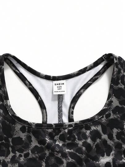SHEIN ملابس نشطة مريحة للفتيات المراهقات، بتصميم ملائم وبسيط، ذات ياقة عالية ظهر مكشوف، بطبعة جلد النمر، مناسبة للرياضة والجري والياقة البدنية