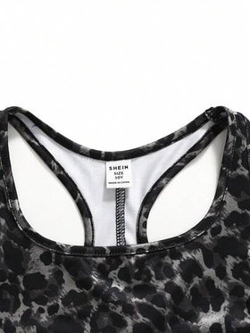 SHEIN ملابس نشطة مريحة للفتيات المراهقات، بتصميم ملائم وبسيط، ذات ياقة عالية ظهر مكشوف، بطبعة جلد النمر، مناسبة للرياضة والجري والياقة البدنية