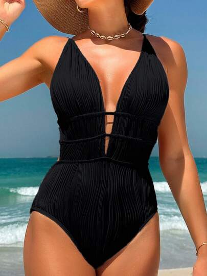 Swim Vcay مايوه واحد قطعة جنسي ذو رقبة عميقة و مفتوحة من الخلف ولون صلب للشاطئ في الصيف