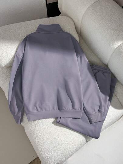 SHEIN مجموعة ملابس كاجوال للفتيات المراهقات، بلوزة بياقة مزيفة وسحاب طويلة الأكمام مع بناطيل رياضية فضفاضة وواسعة الساق، مجموعة بناطيل رياضية للارتداء اليومي والتمارين