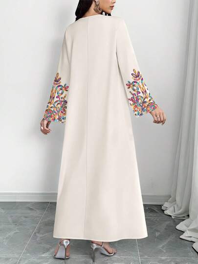 SHEIN Najma رمضان فستان ماكسي أنيق بطبعة رقمية ملونة بنمط الكرمة، طويل الأكمام وياقة على شكل حرف V، للربيع والخريف