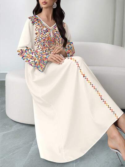 SHEIN Najma رمضان فستان ماكسي أنيق بطبعة رقمية ملونة بنمط الكرمة، طويل الأكمام وياقة على شكل حرف V، للربيع والخريف