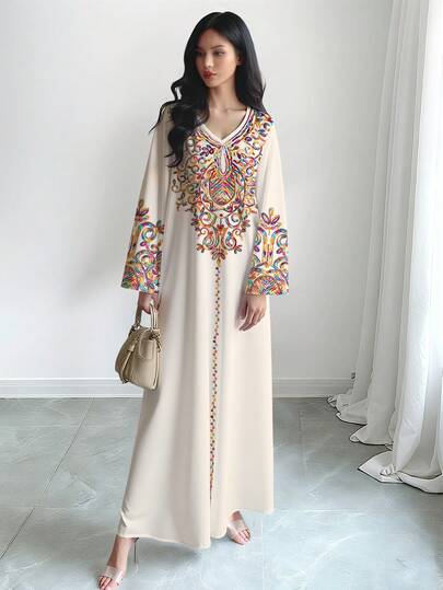 SHEIN Najma رمضان فستان ماكسي أنيق بطبعة رقمية ملونة بنمط الكرمة، طويل الأكمام وياقة على شكل حرف V، للربيع والخريف