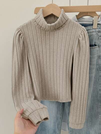 SHEIN بلوزة بأكمام فانوس طويلة بياقة مزيفة من قماش مضلع ذو ملمس مموج بلون المشمش، للبنات المراهقات، للارتداء اليومي العادي
