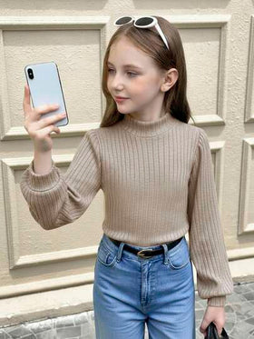 SHEIN بلوزة بأكمام فانوس طويلة بياقة مزيفة من قماش مضلع ذو ملمس مموج بلون المشمش، للبنات المراهقات، للارتداء اليومي العادي