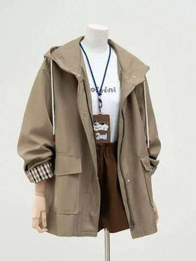 معطف خندق مبطن بقلنسوة للنساء، خارجي كاجوال فضفاض، مجموعة ربيع/خريف 2025 الجديدة، مقاس بيتيت