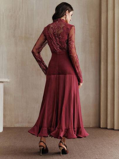 Anewsta فستان نسائي أنيق رومانسي مع تصميم من الدانتيل والكشكشة على الأكمام الطويلة والذيل
