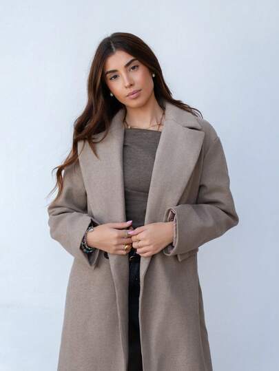 Hitanina معطف صوفي طويل كاجوال مع طوق
