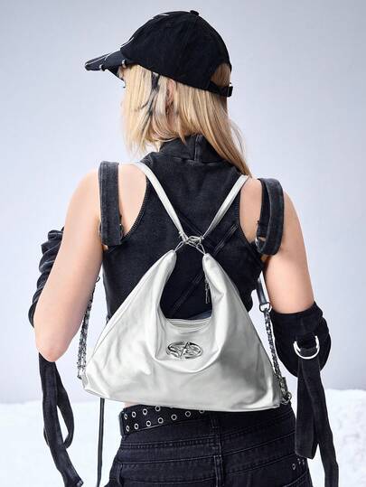 ROMWE Grunge Punk حقيبة نسائية موضة كورية، حقيبة ظهر بتصميم سلسلة جديد وصول خريف 2023، حقيبة كتف ذات سعة كبيرة متعددة الاستخدامات للخروجات اليومية، حقيبة يابانية عصرية