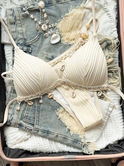 Swim Vcay مجموعة بكيني نسائية بوهيمية من قطعتين، تتكون من ملابس علوية بكيني مثلث قاسي بنسيج ملمس المشمش مع حزام رقبة، مزين بتريم من اللؤلؤ والصدف، وإكسسوارات قماشية مطابقة مع أربطة جانبية، وزخارف من الحجر الاصطناعي والخرز، موديل 2026