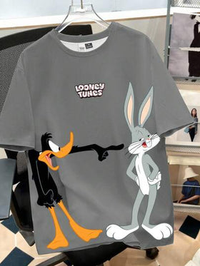 Looney Tunes X Manfinity Manfinity Joysei تي شيرت كاجوال للرجال بطبعة كرتونية وياقة مستديرة وأكمام قصيرة