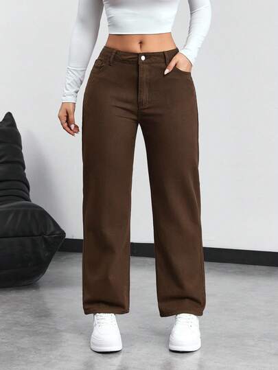 SHEIN PETITE بنطلون جينز ذو خصر منخفض وساق مستقيمة للاستخدام اليومي المتعدد الاستخدامات
