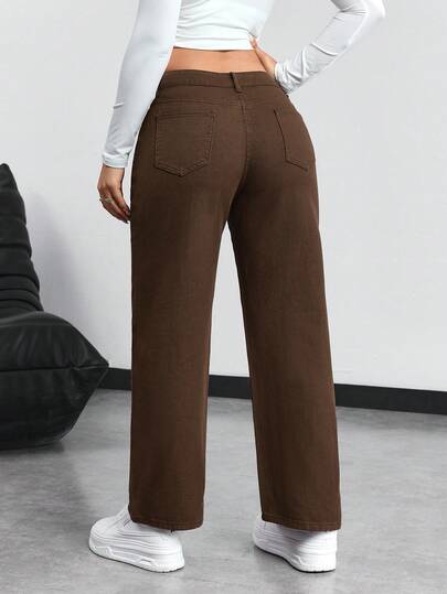 SHEIN PETITE بنطلون جينز ذو خصر منخفض وساق مستقيمة للاستخدام اليومي المتعدد الاستخدامات