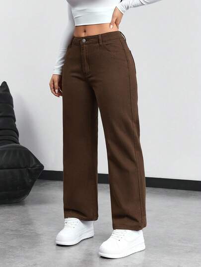 SHEIN PETITE بنطلون جينز ذو خصر منخفض وساق مستقيمة للاستخدام اليومي المتعدد الاستخدامات