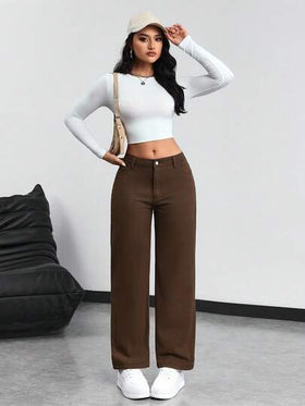 SHEIN PETITE بنطلون جينز ذو خصر منخفض وساق مستقيمة للاستخدام اليومي المتعدد الاستخدامات
