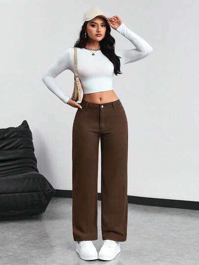 SHEIN PETITE بنطلون جينز ذو خصر منخفض وساق مستقيمة للاستخدام اليومي المتعدد الاستخدامات