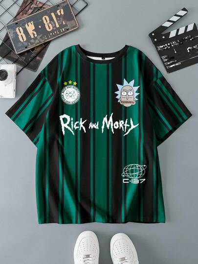 Rick and Morty X SHEIN قميص تي شيرت رجالي كاجوال بأكمام قصيرة وياقة دائرية مزين برسوم كرتونية وحروف ملونة، صيفي