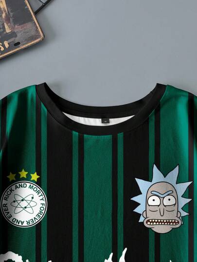 Rick and Morty X SHEIN قميص تي شيرت رجالي كاجوال بأكمام قصيرة وياقة دائرية مزين برسوم كرتونية وحروف ملونة، صيفي