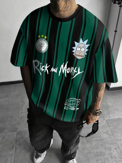 Rick and Morty X SHEIN قميص تي شيرت رجالي كاجوال بأكمام قصيرة وياقة دائرية مزين برسوم كرتونية وحروف ملونة، صيفي