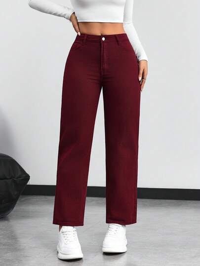 SHEIN PETITE بنطلون جينز ذو ساق مستقيمة بلون أحادي عادي