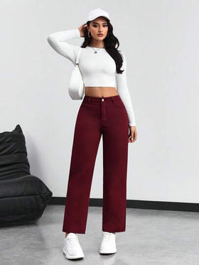 SHEIN PETITE بنطلون جينز ذو ساق مستقيمة بلون أحادي عادي