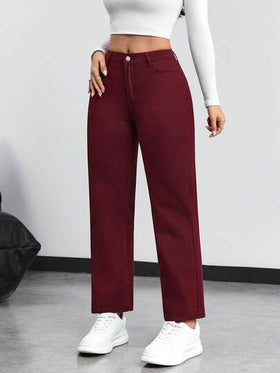 SHEIN PETITE بنطلون جينز ذو ساق مستقيمة بلون أحادي عادي