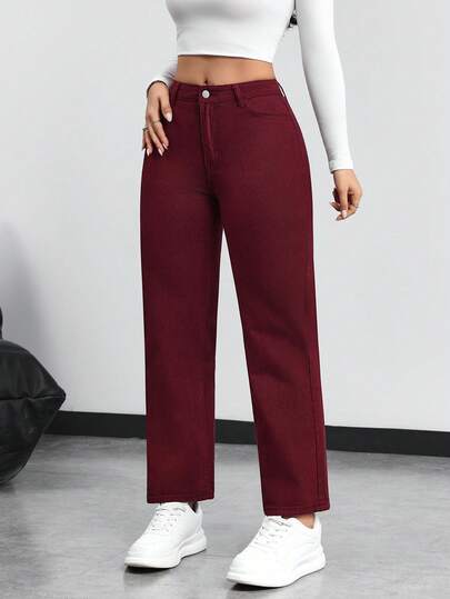 SHEIN PETITE بنطلون جينز ذو ساق مستقيمة بلون أحادي عادي