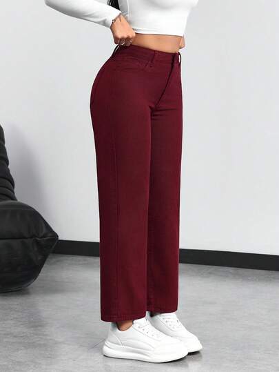 SHEIN PETITE بنطلون جينز ذو ساق مستقيمة بلون أحادي عادي