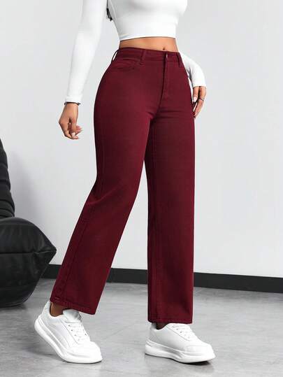 SHEIN PETITE بنطلون جينز ذو ساق مستقيمة بلون أحادي عادي