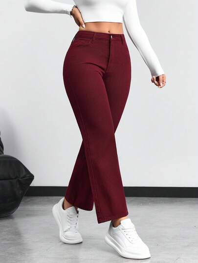 SHEIN PETITE بنطلون جينز ذو ساق مستقيمة بلون أحادي عادي