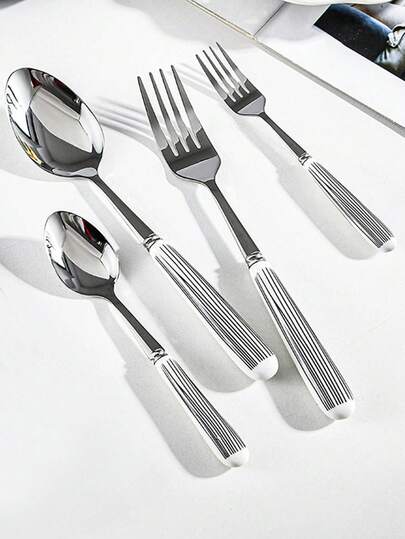 Madebyblanc 1 قطعة/2 قطعة أدوات مائدة من الفولاذ المقاوم للصدأ بمقبض سيراميكي، أدوات مائدة ذات سطح مصقول بنمط مخطط على المقبض السيراميكي، ملعقة حلوى، شوكة طعام، وملعقة طعام - أدوات مطبخ إبداعية تشمل شوكة، ملعقة شاي، وملعقة شوربة، مثالية للتناول اليومي