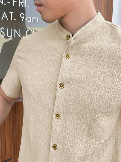 HIMLAND قميص كاجوال للرجال بأكمام قصيرة ولون أحادي منسوج