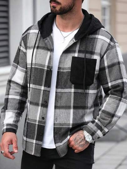 Manfinity CasualCool قميص جاكيت برقبة هودي بأكمام طويلة وجيب واحد من الفلانيل المخطط، مريح للرجال، مناسب للخريف/الشتاء، مناسب للعطلات والحفلات والمكتب والمواعدة، بتصميم بسيط ومتعدد الاستخدامات، أنيق وعصري بطراز كلاسيكي، مناسب للارتداء الشخصي أو كهدية